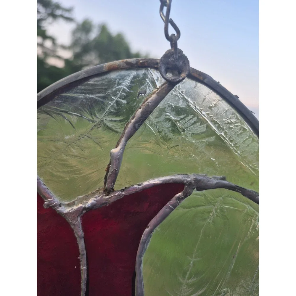 Vintage Handmade Stained Glass Heart Tulip Suncatcher Window Hanging Floral Art